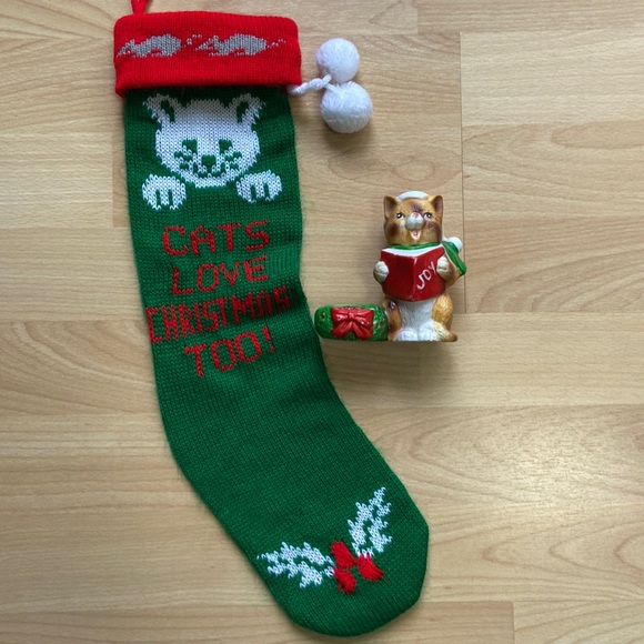 Vintage Christmas cat items- stocking and candle holder - Picture 1 of 9